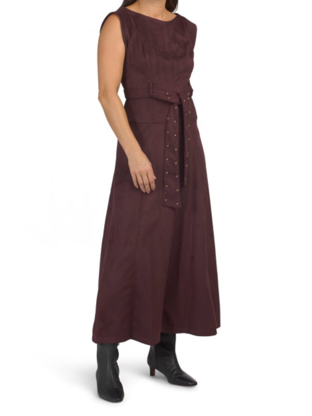 TAYLOR Burgundy Midi Dress With Tie Waist Belt